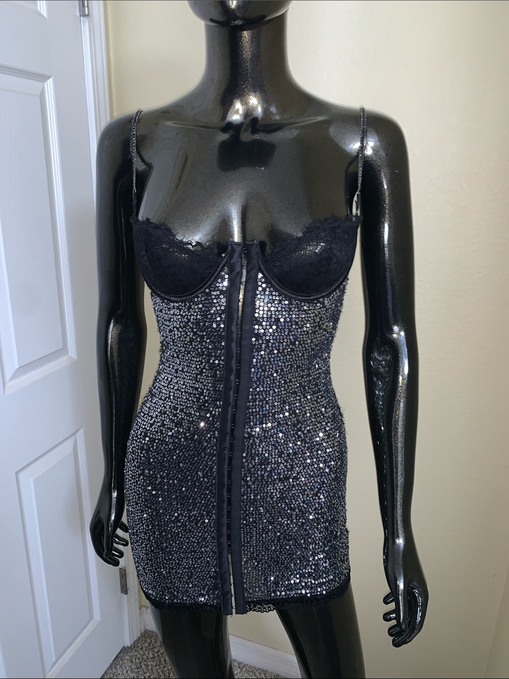 *Snagged* Current Mood Black Sequin Lace Slip Dress Size XS